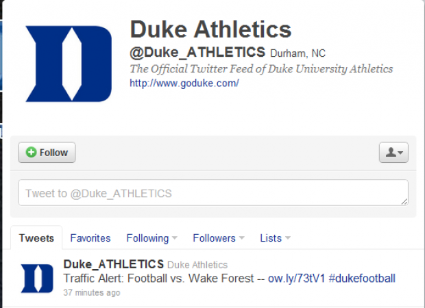 Duke_Athletics_Twitter Duke University has found social media marketing to be especially effective in engaging students and alumni.