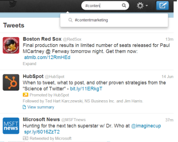 Twitter autocompletes hashtags with suggested social media content.